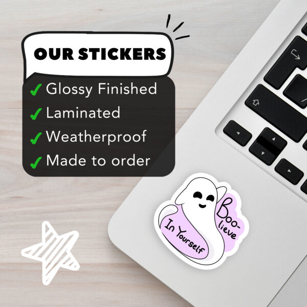 Boolieve in Yourself Ghost Sticker | Cute Motivational Decal for Laptop | Waterproof Die Cut Sticker | Planner Decoration